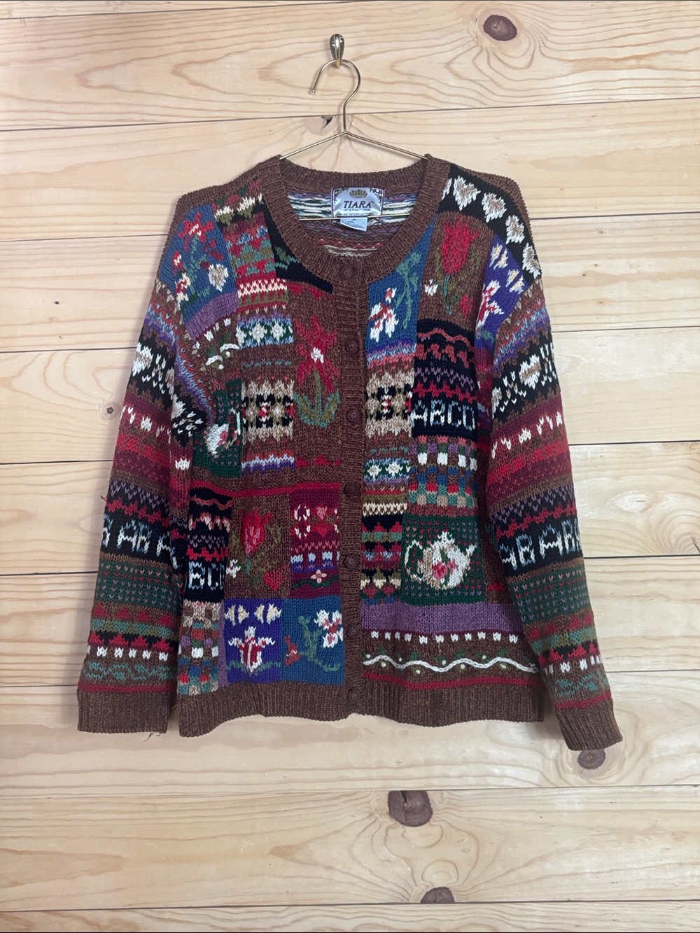 Tiara vintage patchwork knit cardigan sweater size Small